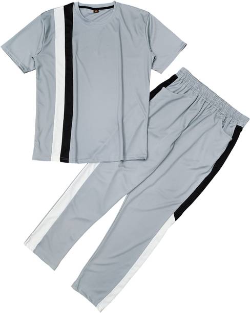 Men's Grey Striped Night Suit Set