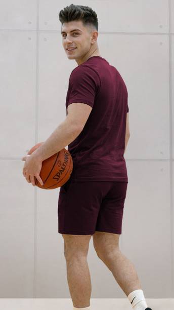 Men's Maroon Solid Night Suit Set