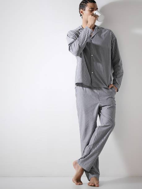 Jack & Jones Men Grey Striped Shirt & Pyjama Set