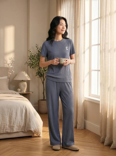 Lugo Women Solid Grey Night Suit Set
