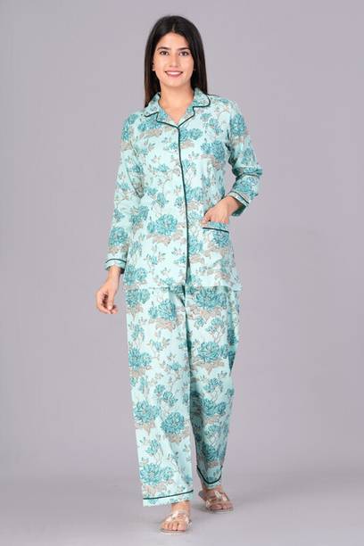 Dammode Women Light Green Printed Shirt & Pyjama Set