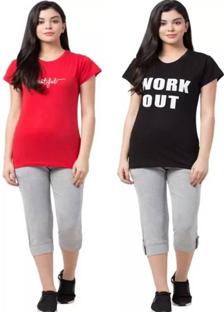 Women Top & Capri Set Multicolor Printed, Solid