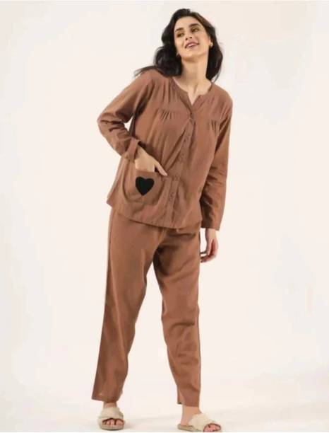 Women Night Suit Set Brown Solid