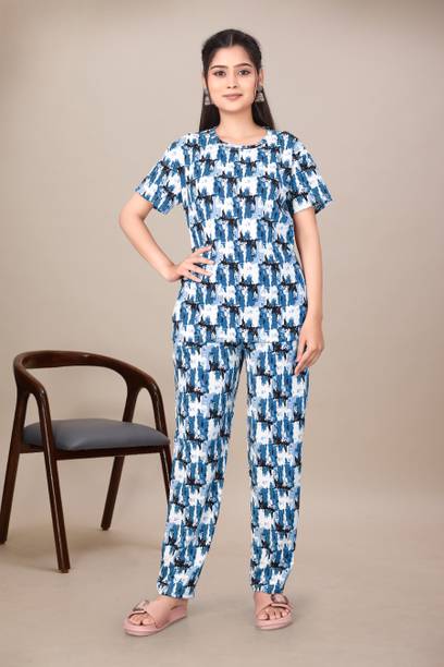 Women Night Suit Set Blue Abstract