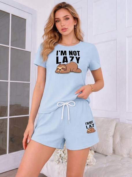 Women Top & Shorts Set Light Blue Graphic Print
