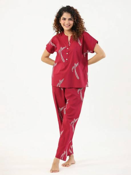 Fashion Cloud Women Printed Maroon Night Suit Set
