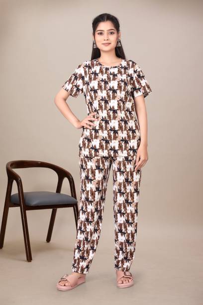 Women Night Suit Set Brown Abstract