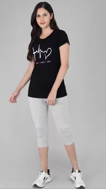 Women Top & Capri Set Black, Grey Printed