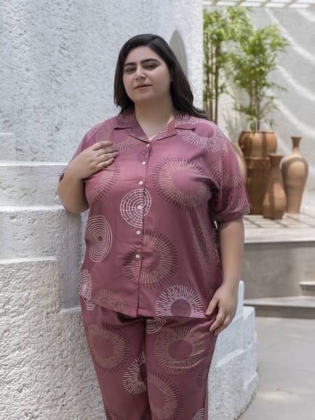 Tittli Women Plus Size Cotton Printed Night Suit Set - Pink Abstract