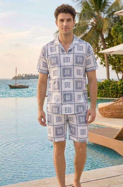 Men's White Printed Night Suit Set