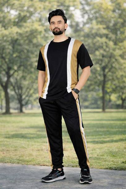 Men's Gold and White Striped Top & Pyjama Set
