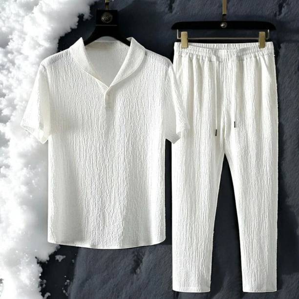 Men's White Self Design Night Suit Set