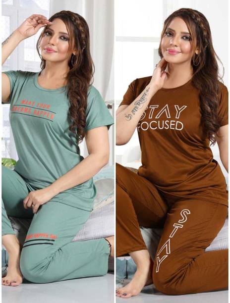 Women Night Suit Set Multicolor Graphic Print