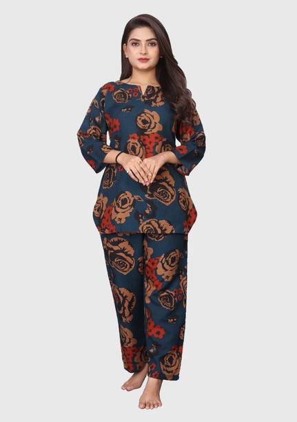 Mansuri Garments Women Dark Green Printed Top & Pyjama Set