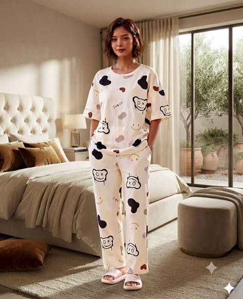 Women Top & Pyjama Set Beige Characters, Printed