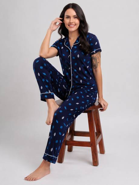 Shama Fashion Women Self Design, Printed, Graphic Print Blue Night Suit Set