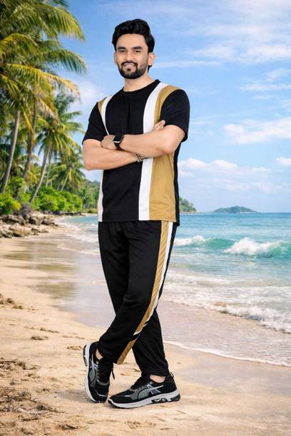 Hari Men Colorblock Striped Black, White, Gold Top & Pyjama Set