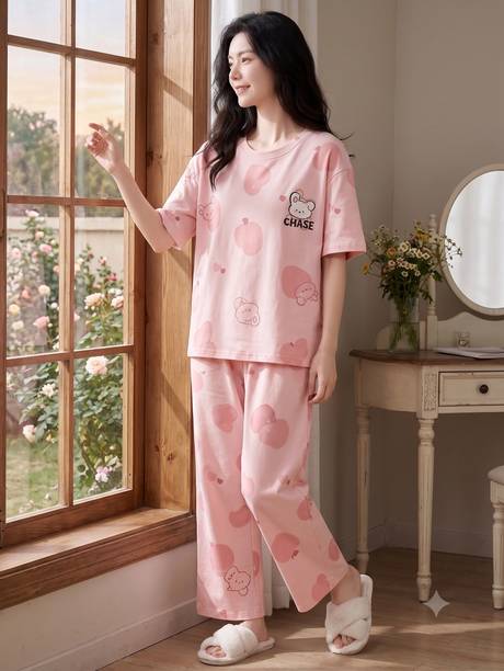 Women Night Suit Set Pink Printed, Abstract, Characters