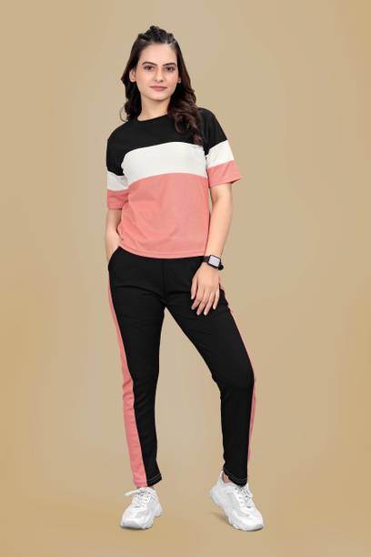 Women Top & Pyjama Set Pink Colorblock