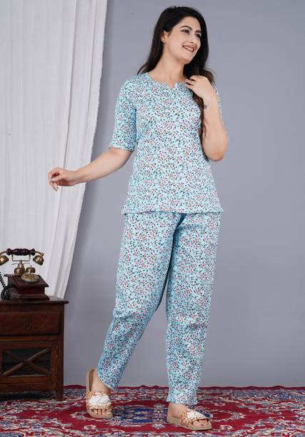 Women Top & Pyjama Set Light Blue Printed