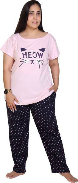 Women Top & Pyjama Set Pink, Black, White Printed