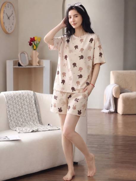 Women Top & Shorts Set Beige Printed