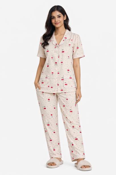 Women Shirt & Pyjama Set - White Printed, Polka Dot