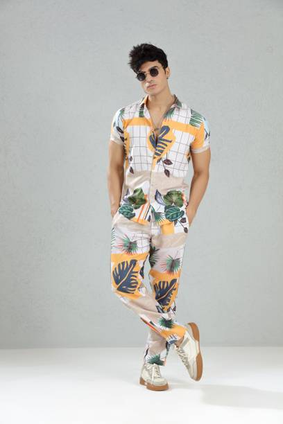 Men Night Suit Set Beige Printed