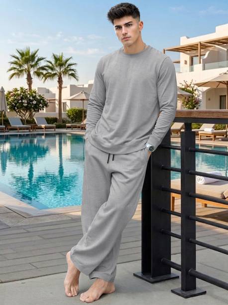 Men's Grey Solid Night Suit Set