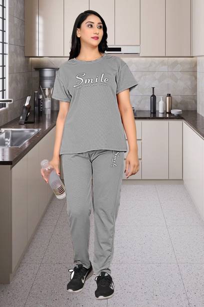 Women's Grey Printed Night Suit Set