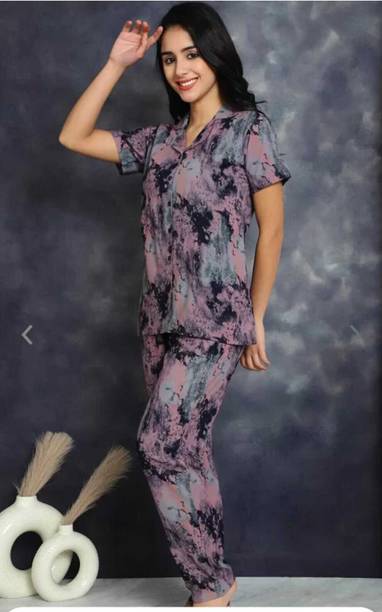 Trinabh Women Printed Shirt & Pyjama Set - Brown, Black, Beige