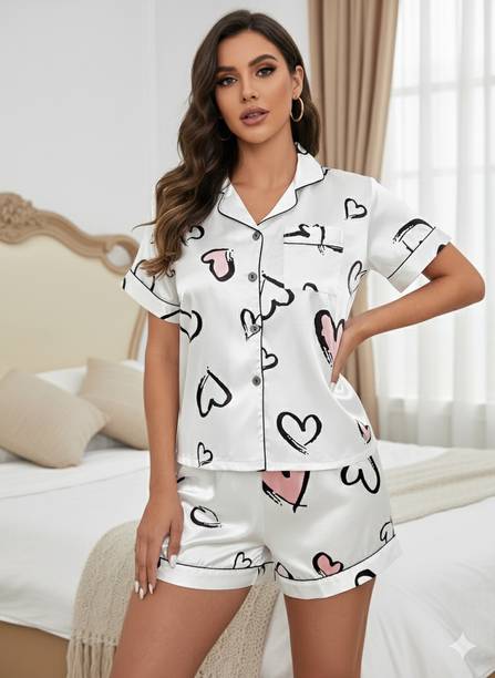Women Night Suit Set Blue Printed Graphic Print