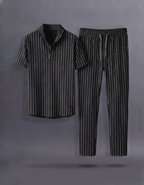 Yuvraah Men Black Striped Top & Pyjama Set
