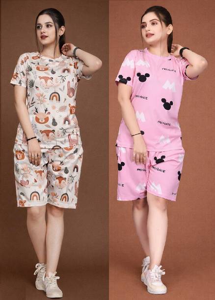 Vaishnavi Fashion Women Printed White Top & Shorts Set