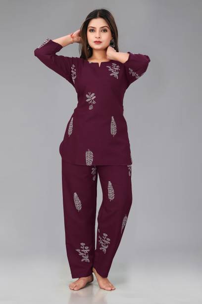 Women Top & Pyjama Set Purple Printed