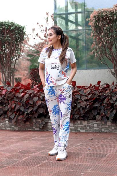 Women Top & Pyjama Set White, Blue Printed