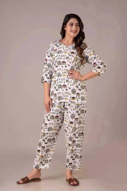 Wanrip Women White Printed Top & Pyjama Set