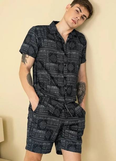 Mumin Men Solid Black Shirt & Pyjama Set