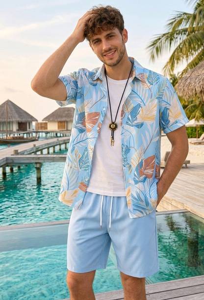 Coollinen Men's Light Blue Printed Night Suit Set