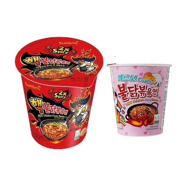 Samyang Hot Chicken 2X Spicy Buldak Cup Noodle,70gm (PK1) &Carbo Hot Chicken Flavour Raman Cup Noodles, 70mg PK1 (Pack Of 2) 140gm (Combo pack ) Imported Cup Noodles