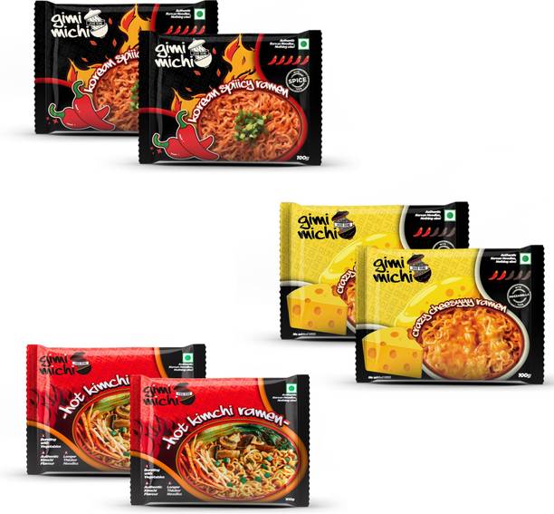 Gimi Michi Veg Ramen Trio Box - 2 Korean Kimchi + 2 Hot Spicy + 2 Crazy Cheesy - 6 x 100gm Instant Noodles Vegetarian