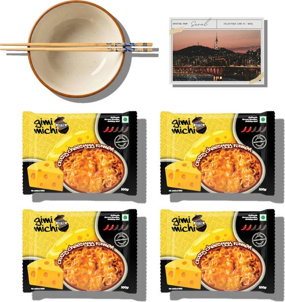 Gimi Michi Korean Cheesy Experience Box - Ramen Bowl + Chopsticks + 4 packs Cheesyy Ramen Instant Noodles