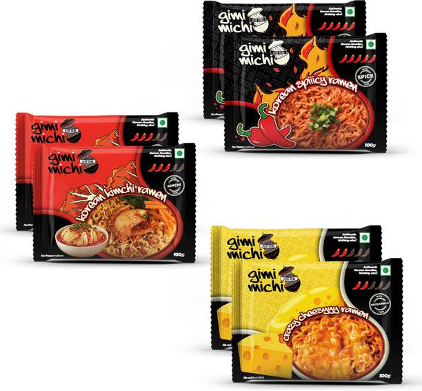 Gimi Michi Veg Ramen Trio Box - 2 Korean Kimchi + 2 Hot Spicy + 2 Crazy Cheesy - 6 x 100gm Instant Noodles
