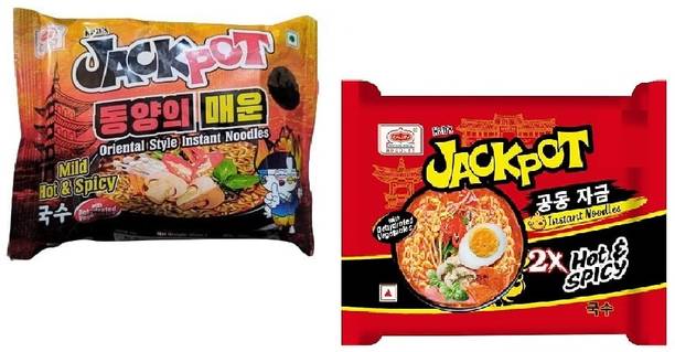 JACKPOT Mild Hot&Spicy & 2x Hot&Spicy Noodles Extra Spicy Flavour 200gm ( pack of 2 ) Instant Noodles Vegetarian