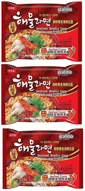 Paldo Ilpoom Seafood Noodles 120g Each, Pack of 3 Instant Noodles Non-vegetarian