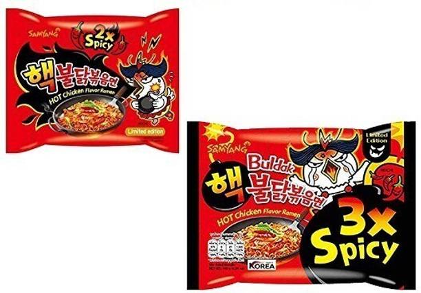 Samyang 3X & 2X Spicy Hot Chicken Flavour Instant Korean Noodles , 2X140 Gm (Pack of 2) (Imported) (Combo Pack) Hakka Noodles Non-vegetarian
