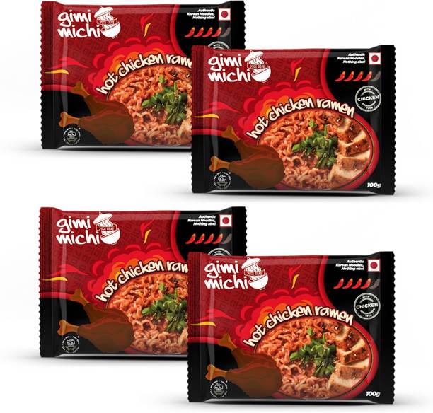 Gimi Michi Hot Chicken Ramen Pack of 4 (400gm) - Authentic Korean Ramen Instant Noodles Vegetarian