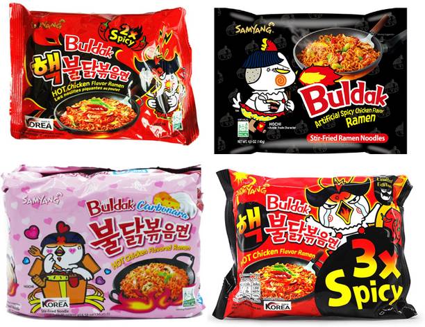 Samyang Noodles Pack of 4 Combo||Carbonara||3XSpicy||2XSpicy||StirFriedRamen|| Instant Noodles Non-vegetarian