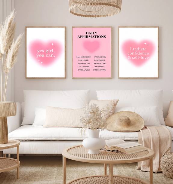 CRAFTSCORNER Pink Girly Aesthetic Daily Affirmation Frame Set of 3 | Self Love Wall Decor A4 Digital Reprint 13 inch x 10 inch Painting