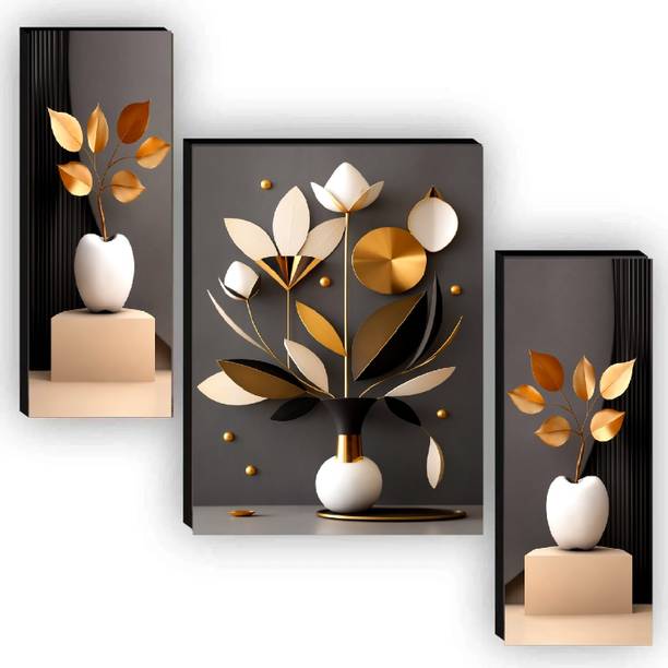 SNDArt Set Of 3 Flower Pots Wall Paintings For Living Room Digital Reprint 12 inch x 18 inch Painting